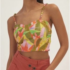 Farm Rio for Anthropologie Beaded gold-tied strap cropped top NWT